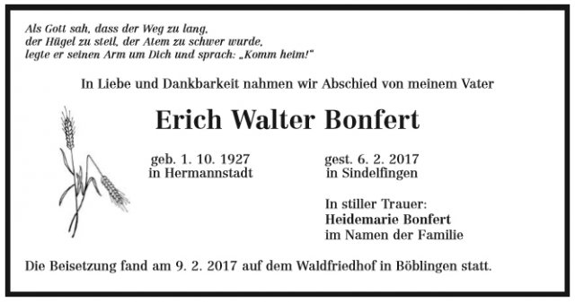 Bonfert Erich Walter 1927-2017 Todesanzeige